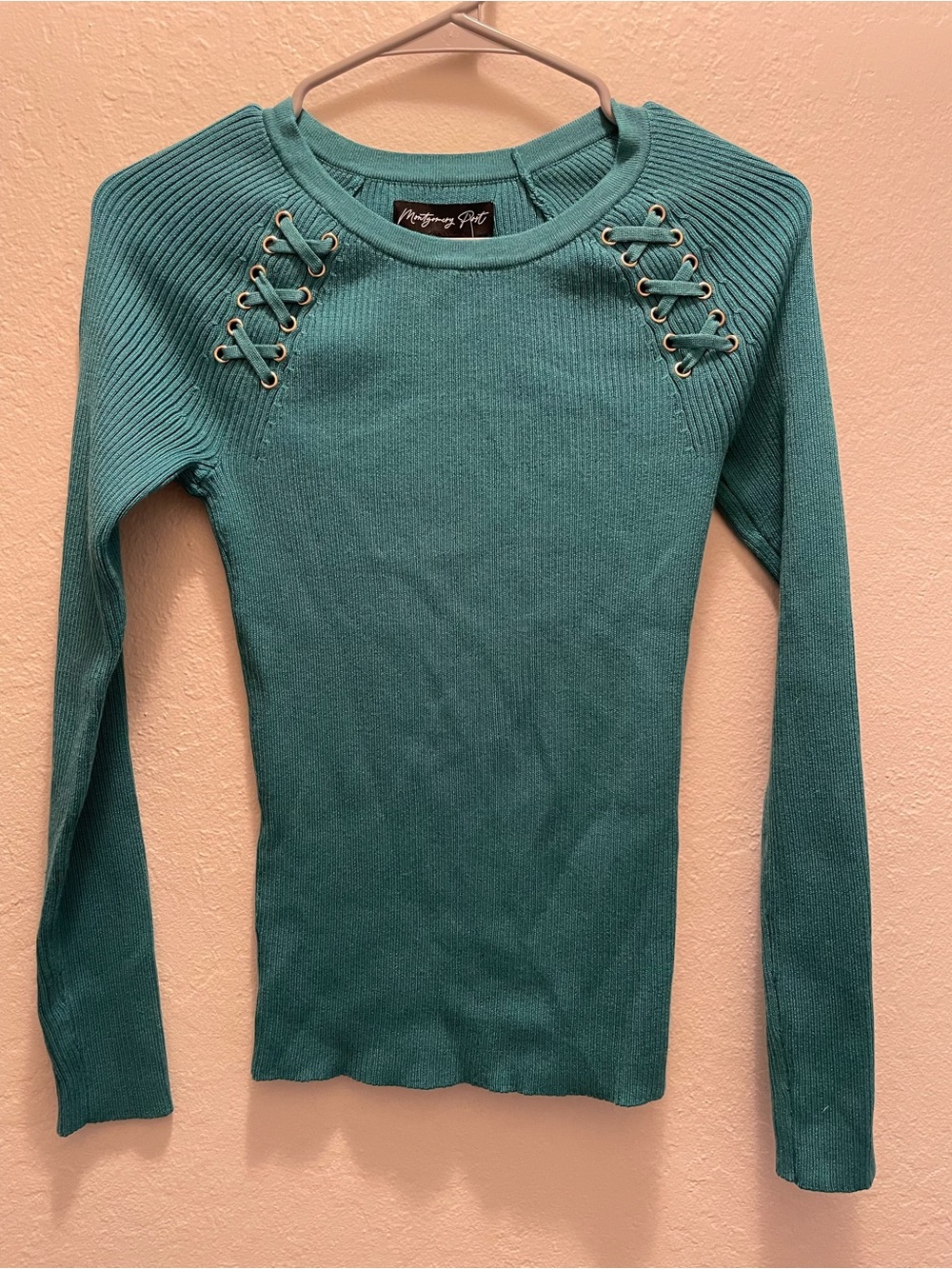 Teal Lace-Up Ribbed Long Sleeve Top